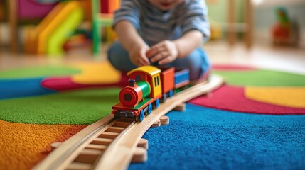 A child playing with a wooden toy train set on a bright rug.