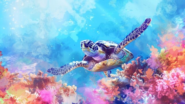Colorful underwater scene with sea turtle among coral reefs in watercolor design