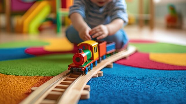 A child playing with a wooden toy train set on a bright rug.