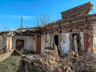 destroyed and burned houses in the city in Ukraine