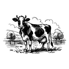 dairy cow standing on pasture black rural vector sketch