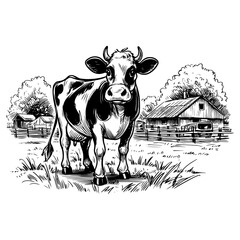 cow standing on pasture with barn black farm vector illustration