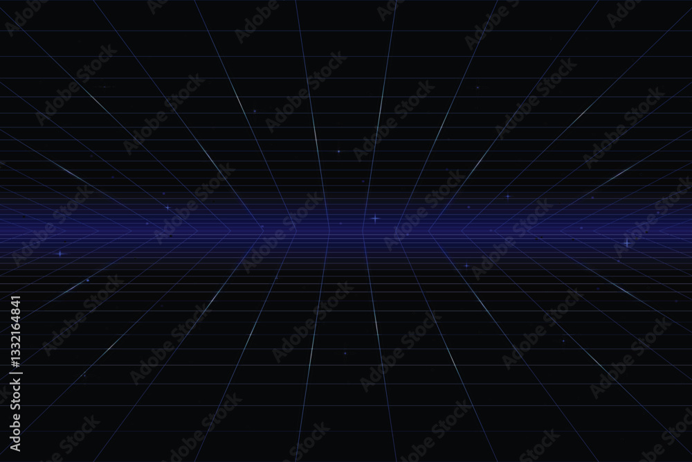 Poster retro cyberpunk style 80s game scene pixel art 8-bit sci-fi background. glowing neon grid and stars 