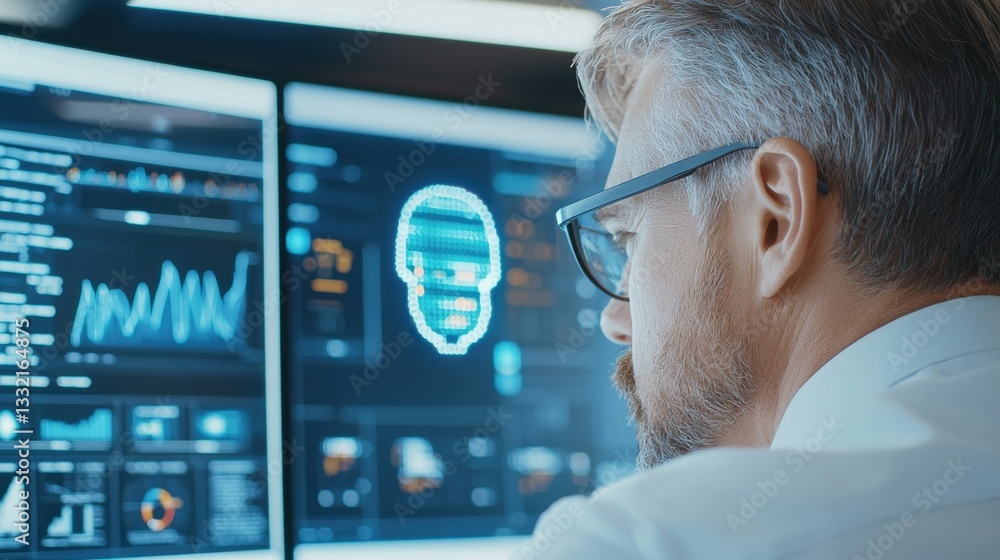 Poster professional man analyzing data trends on multiple computer screens