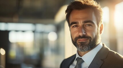 Focused businessman in formal attire, exuding confidence and professionalism in a modern office setting.
