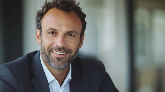 Focused businessman in formal attire, exuding confidence and professionalism in a modern office setting.
