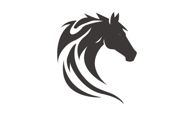 Horse logo template. Black and white silhouette of a horse head with a graceful mane. Elegant minimalist logo for branding, design and printing