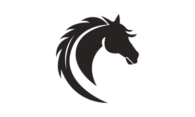 Horse logo template. Black and white silhouette of a horse head with a graceful mane. Elegant minimalist logo for branding, design and printing