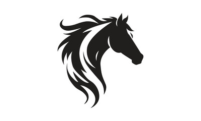 Horse logo template. Black and white silhouette of a horse head with a graceful mane. Elegant minimalist logo for branding, design and printing