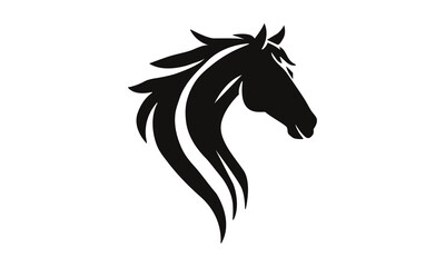 Horse logo template. Black and white silhouette of a horse head with a graceful mane. Elegant minimalist logo for branding, design and printing