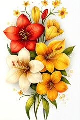 Obraz premium Fantasy floral watercolor featuring vintage botanical elements and enchanting fantasy flowers. Vibrant Floral Arrangement with Red and Yellow Flowers in Bloom