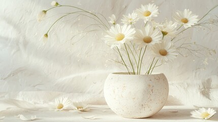 A minimalist botanical scene featuring cream-colored daisies resting delicately on a round marble pedestal, with scattered petals and a soft, dreamy garden background.