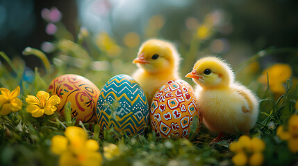 colorful patterned eggs and chicks