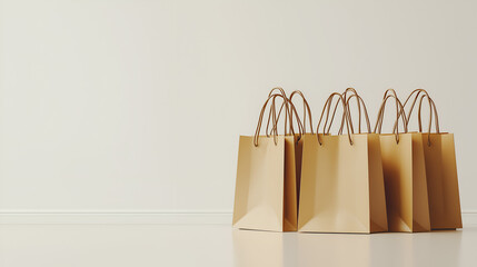 A minimalist image featuring several brown paper shopping bags arranged on a light surface against a plain background.