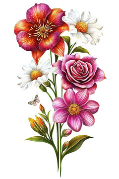 Fantasy floral watercolor featuring vintage botanical elements and enchanting fantasy flowers. Colorful Floral Arrangement with Roses and Daisies
