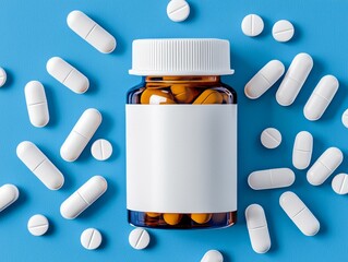 Pills spilling out of a bottle on a clean surface indicating medication and health needs