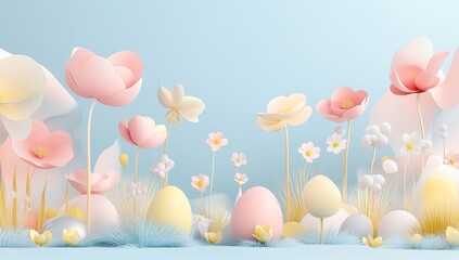 Easter eggs and flowers fill a vibrant 3D spring meadow, depicted in soft pastel hues