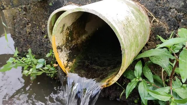 A close-up of a drainpipe that drains clear water out into a sewer, with a cement wall and wild plants in the background.
