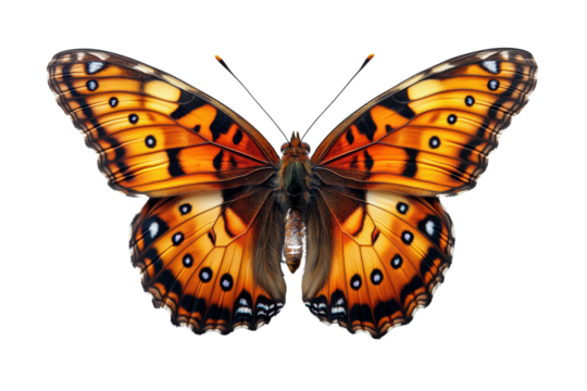 A vibrant butterfly displaying intricate patterns in orange and black, perched gracefully. Isolated on a clean white background.