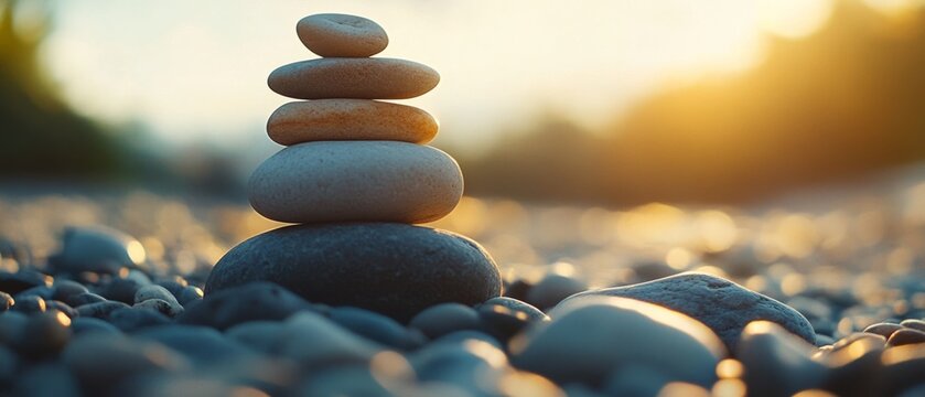 Sunlit stones stacked serenely on a beach convey balance and tranquility, with a soft golden glow hinting at nature&rsquo;s peaceful rhythm.