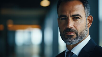 Focused businessman in formal attire, exuding confidence and professionalism in a modern office setting.
