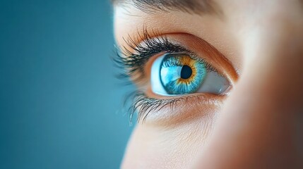 Close-up of a human eye showcasing vibrant blue and green iris with detailed eyelashes