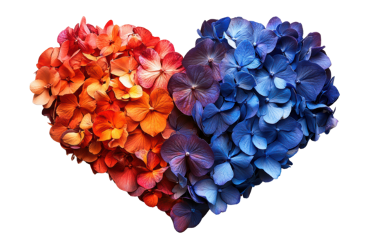 A vibrant heart shape composed of orange and blue hydrangea petals, symbolizing love and beauty against a white background.
