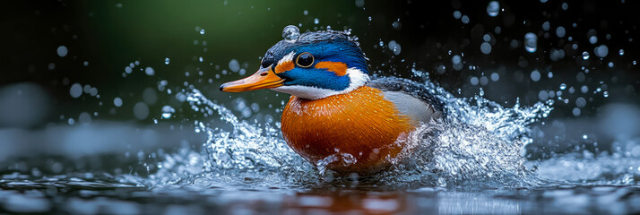 Fototapeta premium Splashing Mandarin: A Vibrant Duck Bathing in Refreshing Water, Symbol of Aquatic Life