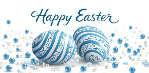 The design layout for invitations, cards, menus, flyers, banners, posters, and vouchers features a happy Easter template with blue and white rustic floral eggs on a dotted background, created in a