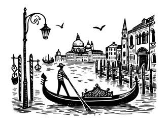 gondola ride in venice grand canal vector black shape silhouette