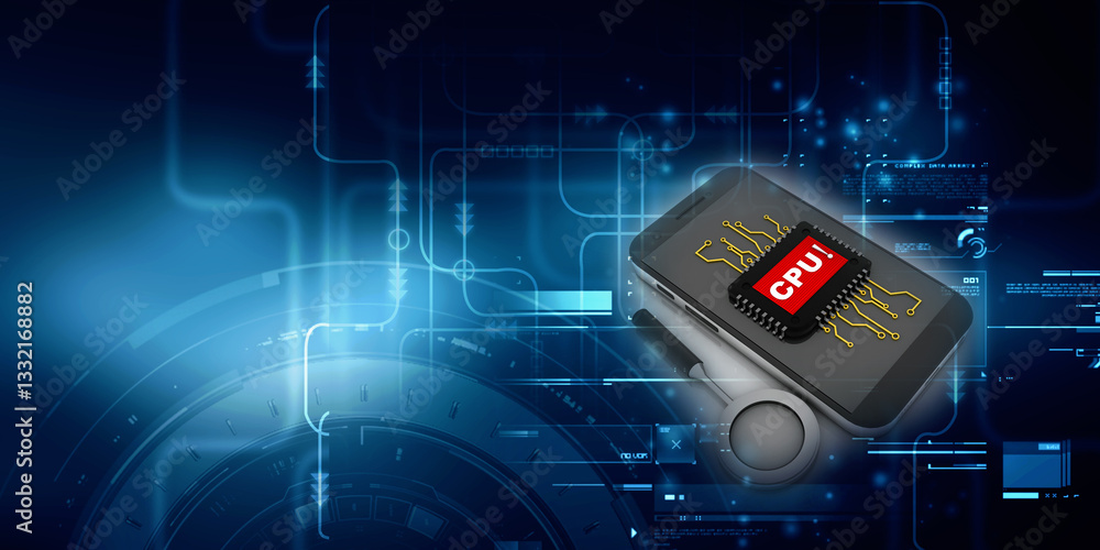 Poster 3d render cpu with microchips