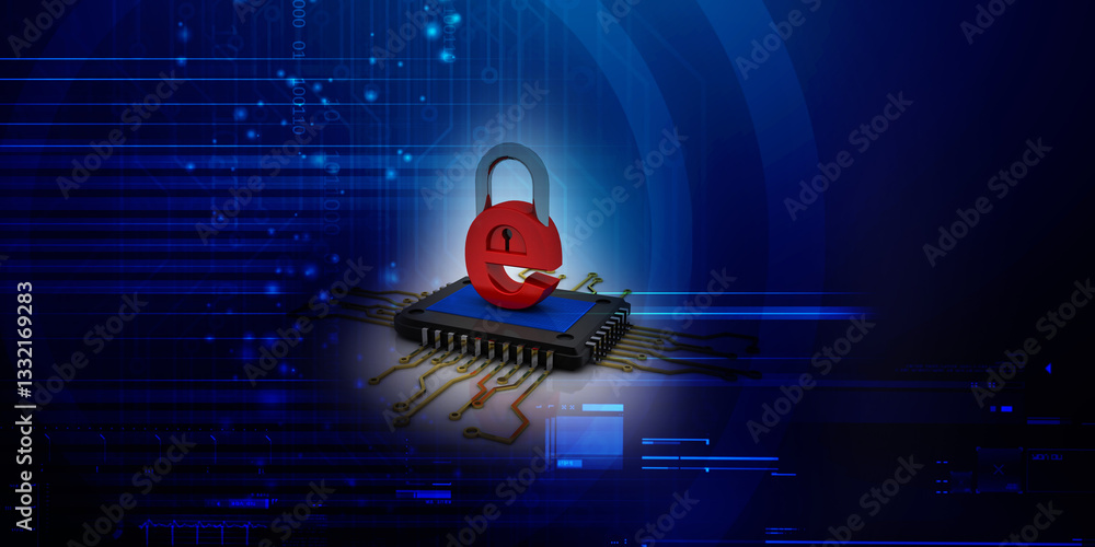 Poster 3d rendering e mail lock sign in microchips