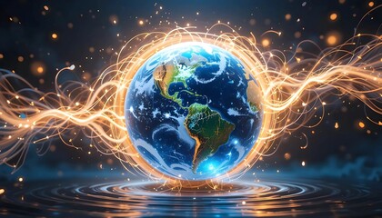 Fototapeta premium Global Connection: Earth surrounded by glowing energy streams