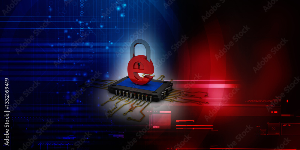 Poster 3d rendering e mail lock sign in microchips