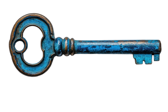 A vintage blue key with rust, perfect for unlocking imagination. Isolated on a white background.