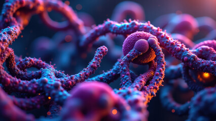 A detailed microscopic view of a molecular structure with vibrant colors highlighting intricate details.