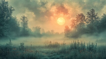 Fototapeta premium Misty sunrise over foggy field, trees silhouetted, peaceful nature scene
