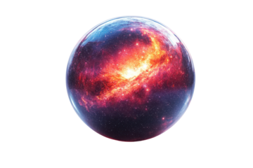 A vivid representation of a cosmic sphere featuring vibrant colors and swirling galaxies, set against a white isolate background.