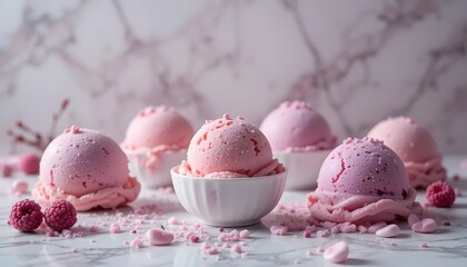 Delightful pink ice cream scoops in a bowl surrounded by sweet toppings on a marble background