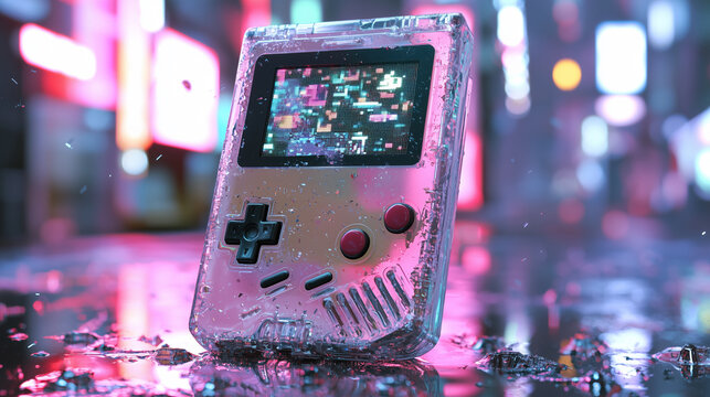 A nostalgic gaming console rests on a reflective surface in a vibrant urban environment illuminated by neon signs at night - Powered by Adobe