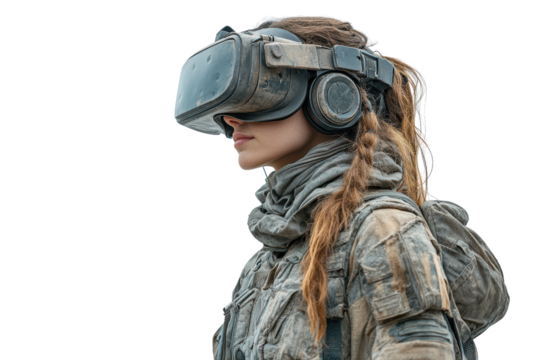 A woman in military attire wearing virtual reality headset, engaged in immersive technology experience, isolated on a white background.