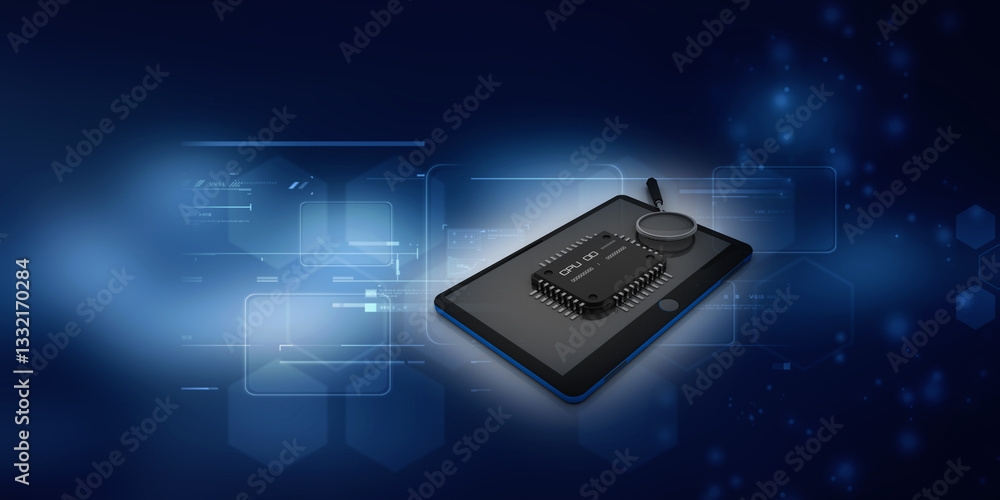 Poster 3d rendering microchips with mobile phone