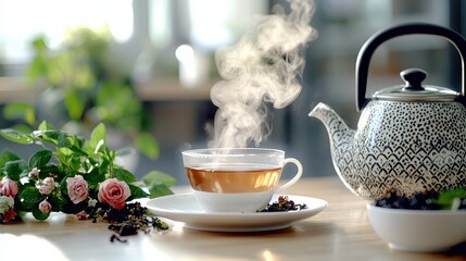 Elegant Teapot with Tea Cup on a Wooden Table Creating Cozy Atmosphere
