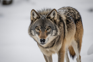 Fototapeta premium wolf in snow, attractive winter scene with wolf, close to wolf in snow