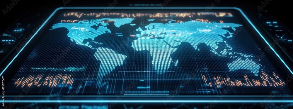 Poster futuristic digital world map display with data graphics elements