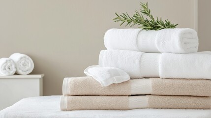 Cozy Stack of Freshly Folded Towels on an Inviting Neatly Made Bed