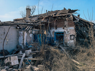 destroyed and burned houses in the city in Ukraine