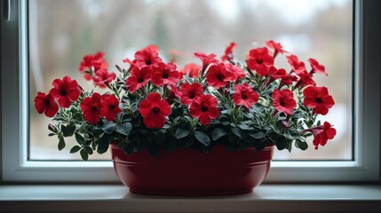 Naklejka premium Vibrant red petunias in a pot on a windowsill