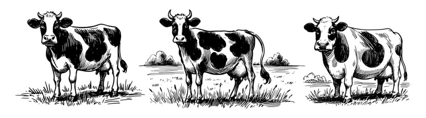 three dairy cows on pasture black vector engraving