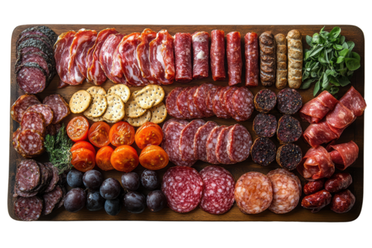 An artfully arranged charcuterie board showcasing an array of meats, cheeses, and colorful accompaniments, ideal for gourmet gatherings.